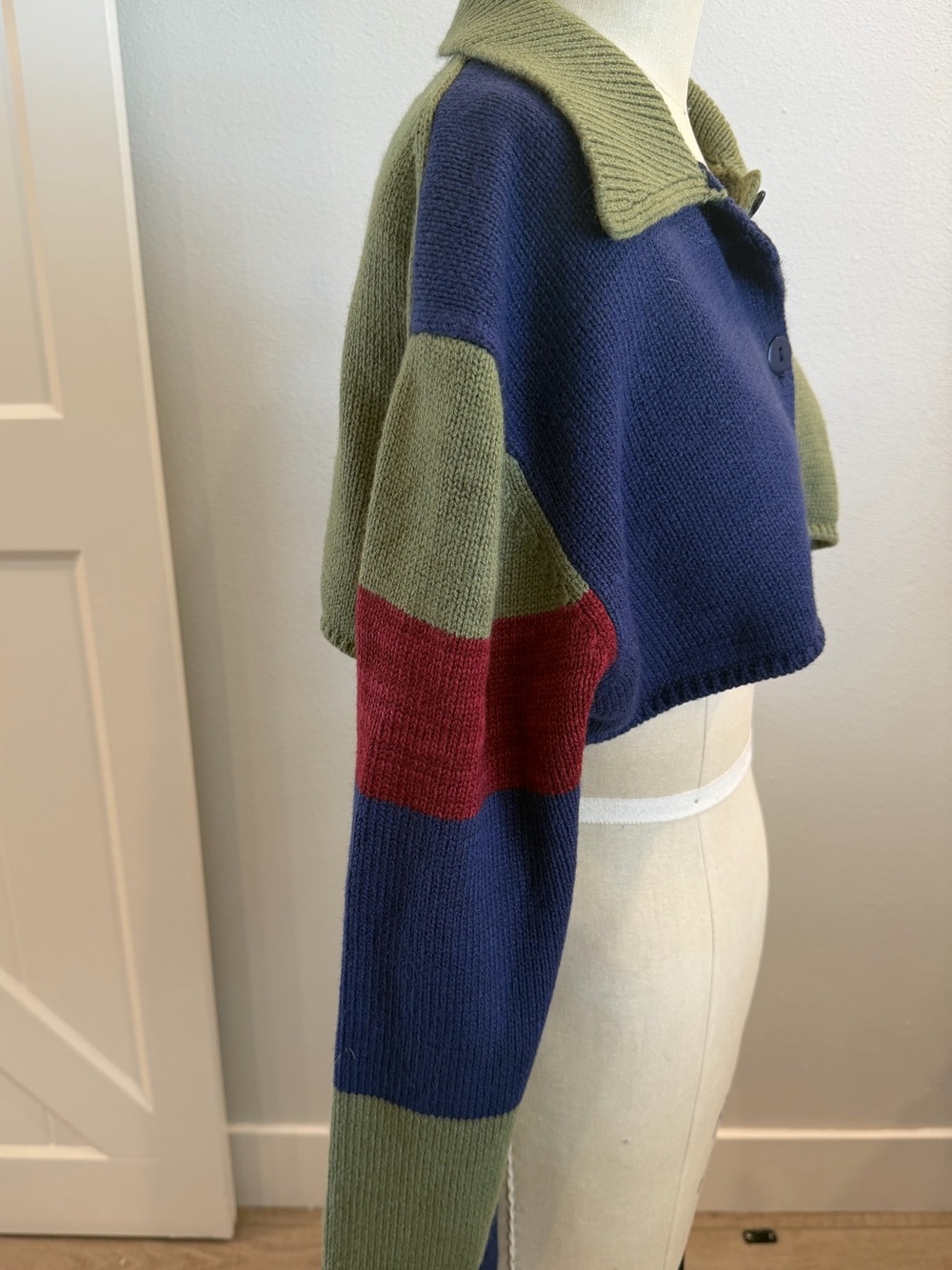 BDG Olive Green & Navy Cropped Colorblock Cardigan - Picture 2 of 4